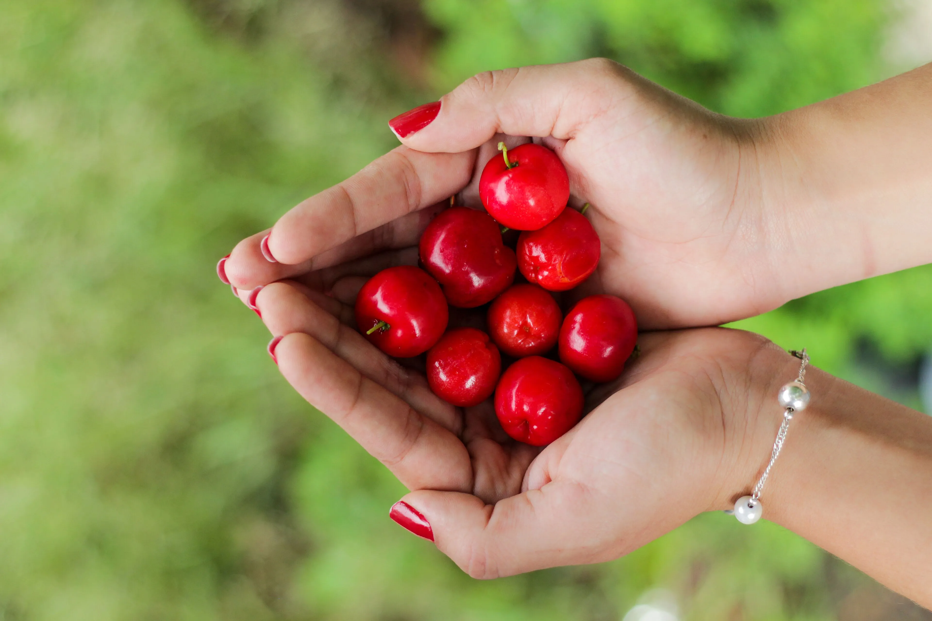 Rojo cereza, manos de verano (foto de muestra)